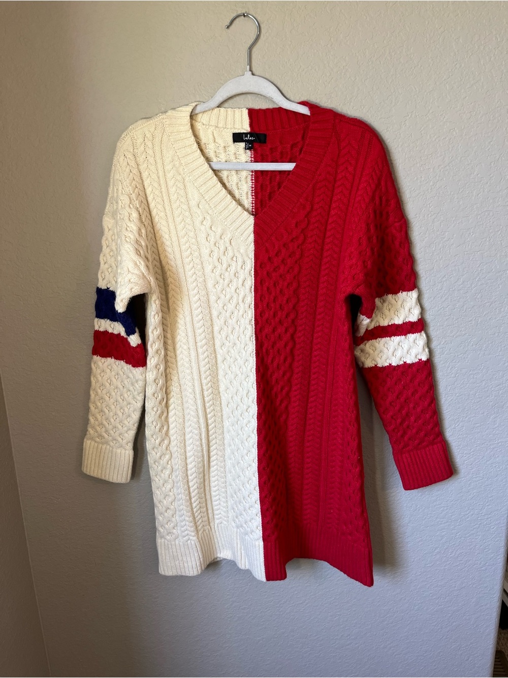 Lulus Bold Comfort Red Ivory Colorblock Cable Knit Sweater Mini Dress M